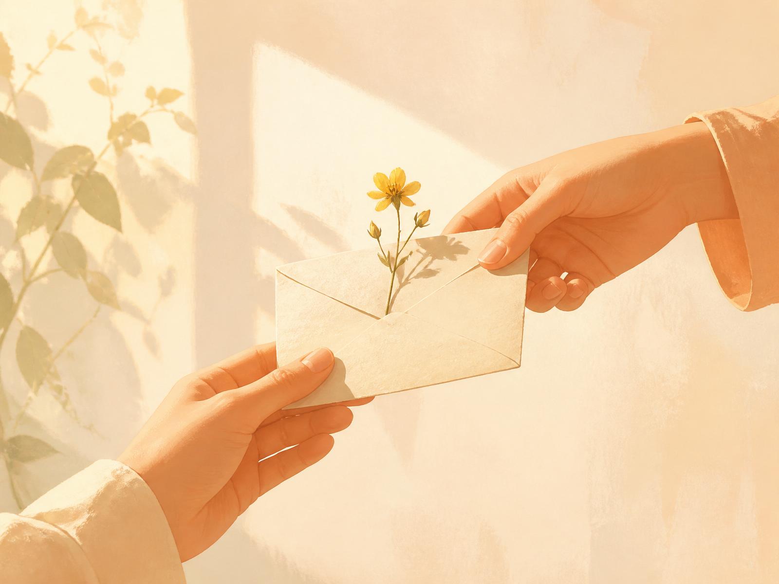 Two hands passing a handwritten envelope with a small yellow flower tucked inside, bathed in soft morning light
